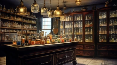 illustration, realistic interior of a vintage bengalore 1896 perfumery and pharmacy with some perfume bottle boxes incense boxes, atmospheric nighttime with ambient lamp lighting, Clipart, watercolor, realistic, full building, highly detailed, hdr, 32K, photo expert quality, watercolor realistic, hyperrealistic and highly detailed