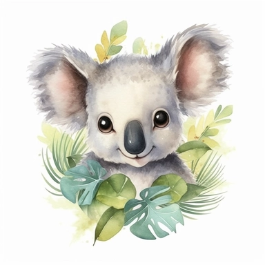 enchanted nursery clipart of ultra realistic commercial shot of a watercolor of cute cartoon safari baby koala happy , safari animal big cute eyes digital art, whimsical, dreamy, sublimation clipart isolated on white background, ultra-detailed, high quality, ghibli style, award winning