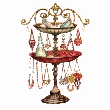 Victorian Jewelry Stand: Create a clipart featuring a Victorian-inspired jewelry stand with hooks or branches for hanging necklaces, bracelets, and earrings, watercolor Clipart, watercolor Sublimation graphics, hand drawn illustration by james christensen style, Watercolor clipart, single design, single object, print on demand image, PNG transparent background, white background for removing background - - no text shadow font watermark, 8k