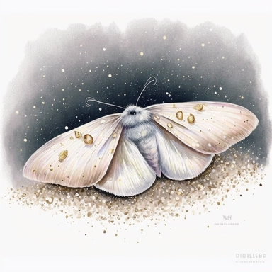 A white moth, on a bed of glitter, white, gold, glitter, fantasy, realistic illustration, watercolor, by Dinara Mirtalipova, by Disney, bright and airy Colors, concept art, white background , clipart