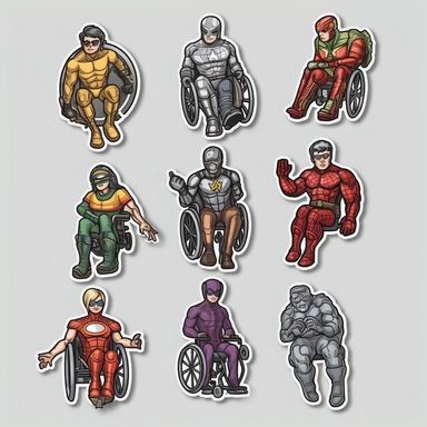 6 clipart elements, series of very hyperdetailed colorful stickers, cool people with disabilities, marvel style, superheros, each sticker with a clear white outline between each element, light grey background, realistic