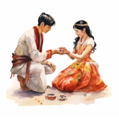 Asian bride and Indigenous groom, exchanging wedding rings, their hands intertwined, with an expression of commitment and devotion, watercolor, Pixar style, Clipart on a white background.