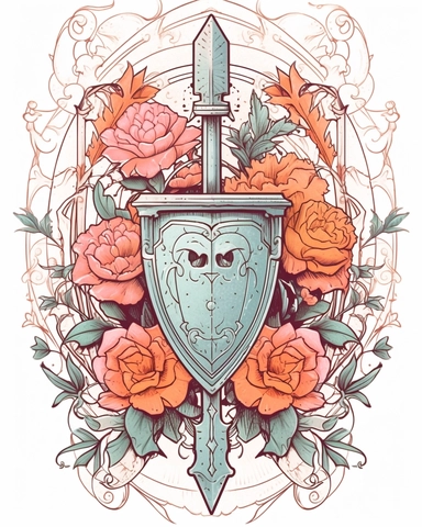 * battle shield and sword, pastel color palette with flowers, classic tattoo motif, clipart on white background, engraved line work, retro, borders,