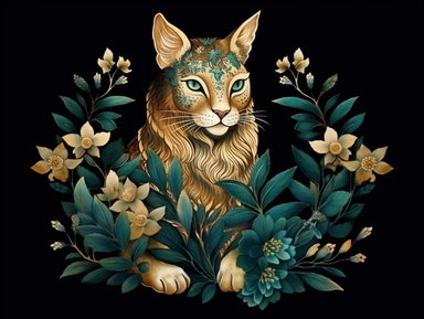 deep emerald gold watercolor Lynx with flowers plants clipart, golden metallic lines and some glitter, shining colors, dark background, 8k, high resolution