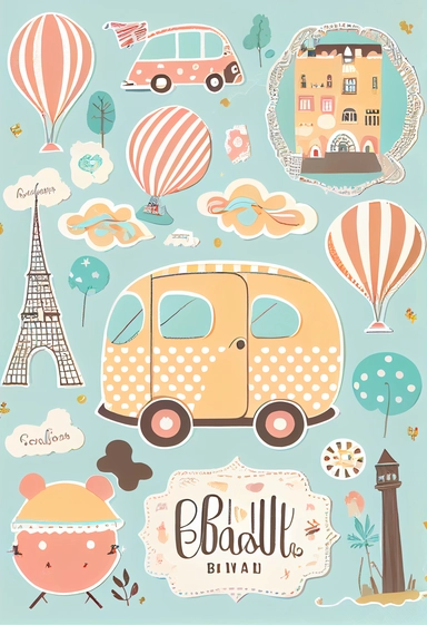 Cute Travel Around Europe pattern, Clipart,by Dr. Seuss ，Blush and bashful background, illustration art