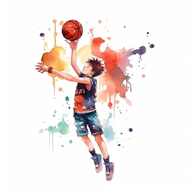 cute Watercolor cartoon basketball player shooting hoops, clipart, white background