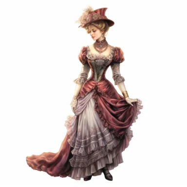 A Victorian lady in a victorian outfit. Her poised expression and magnetic gaze draw you into her world of Victorian splendor. Against a white background, the intricate details of her attire, including the flowing silhouette and intricate drapery, are depicted with exceptional detail and lifelike realism. Clipart, watercolor, white background, intricate detail, unreal engine cinematic smooth