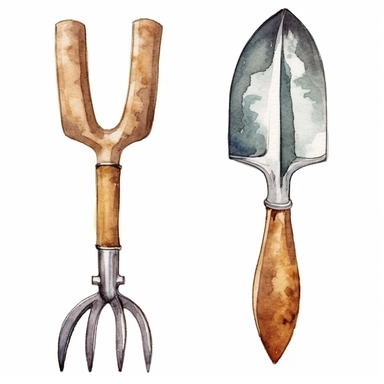 Watercolor garden tools fork and shovel, extremely detailed, illustration clipart, white background