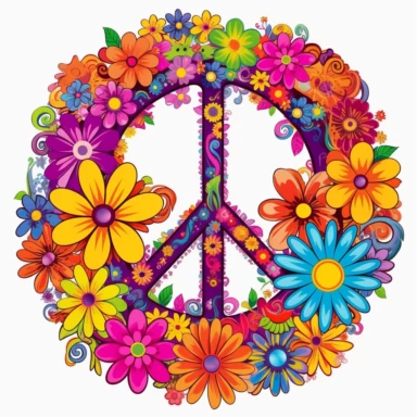 Hippie clipart 1960s and 1970s culture Psychedelic art Retro design Flower power Peace sign Groovy Tie-dye Rainbow colors Flower child Love and peace Bohemian Summer of love Colorful Vibrant ar 2:3