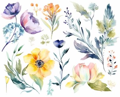 watercolor flower clip art for april, in the style of dreamlike composition, white background, ethereal foliage, branches, show only one foliage, luxurious fabrics, pictorial dreams, use of bright colors, poetic pastoral scenes