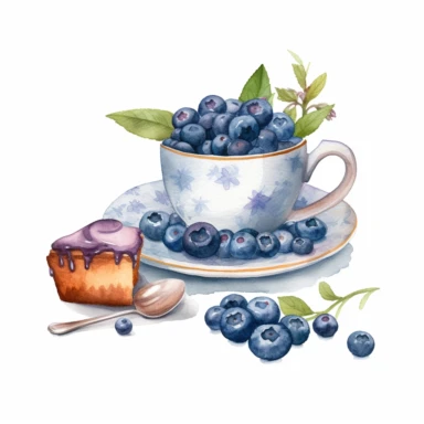 high quality blueberry clipart on insolated white background, watercolor classic style, detailed, flatlay, outlined, vintage mood, teacup with blueberry, teapot, pie with blueberry, blueberry brushes, blueberries, high resolution, cozy objects