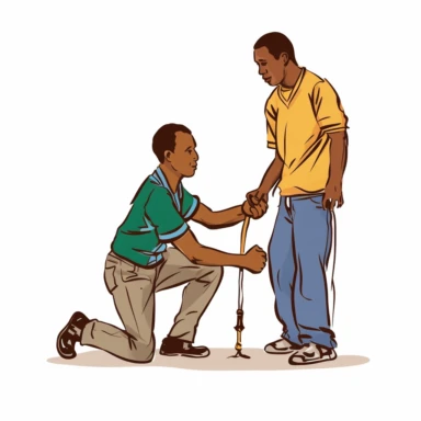 Mobilising a patient refers to the process of helping them regain their ability to move independently or with assistance. This can include a variety of techniques such as manual patient handling, providing mobility aids and assisting with physical therapy exercises. The aim is to improve the patient's physical function, promote recovery and prevent complications that can result from prolonged immobility. simple art, clipart,illustration, storybook.