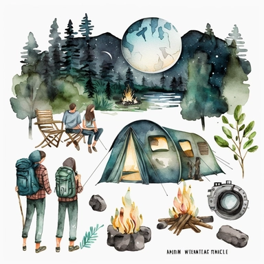 Camping by Night Watercolor Clipart, Hiking family, Camping Bundle PNG, Moon light, Fireplace, Tent, Campers, Forest, white background with margins + 2D