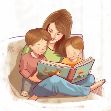 Mom Reading Book for Her Children Clipart: Literary Adventure, Imagination Unleashed, Cozy Reading Nook, Family Storytime, Intellectual Bonding Camera Type: Digital DSLR. Camera Lens Type: Prime lens. Time of Day: Afternoon. Style of Photography: Candid. Type of Film: N/A. Aspect Ratio: 16:9. Shooting Mode: Manual. Camera Settings: Aperture f/2.8, Shutter Speed 1/250, ISO 200. Post-Processing Techniques: Subtle color enhancement, soft vignette.