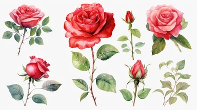 watercolor clipart sheet, beauty and the beast red roses ,watercolor, hyperrealistic white background watercolor, highly detailed, photorealistic, high quality, light pastel colors, romantic, delicate, feminine, florals, lots of details