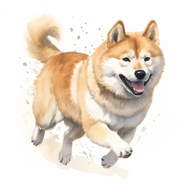 watercolor for a clipart with a white background of a hyperdetailed akita inu running, painted by Janet Hill