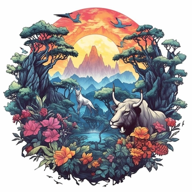 random animal, close up, a sticker, artwork of t shirt graphic of majestic forest, in digital painting style , beautiful flowers, sunset mountains and clouds , big vines, stone temple covered in vines, white background, colorful fantasy flower surround, highly detailed clean, vector image, photorealistic masterpiece, professional photography, realistic, flat white background, isometric, vibrant vector, clipart, illustration, realism, 4k, , cinematic, front view, white background, paradise, extre
