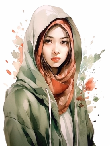 beautiful indonesian girl with hijab, watercolor, white background, clipart