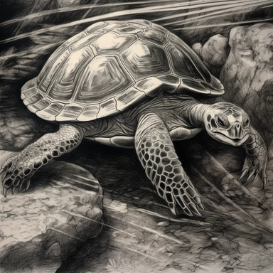 A charcoal drawing of a turtle clipart with an expressive and dynamic pose, crawling on a rocky terrain with plants and stones. The drawing has a rough and sketchy style, with bold and energetic strokes and marks. The perspective is low, creating a sense of drama and tension. The lighting is dramatic and directional, creating strong contrast and depth on the turtle’s shell and the terrain elements. The color palette is monochromatic, with shades of black, gray, and white. Created by Leonardo da 