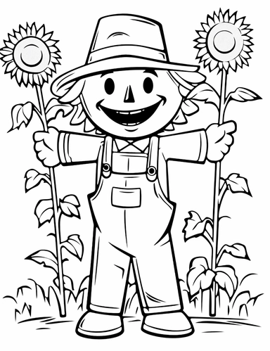 clipart cartoon friendly scarecrow, happy expression in the style of Pierre-Auguste Renior black and white child's coloring book, black and white smooth thick lines, solid white background, no background
