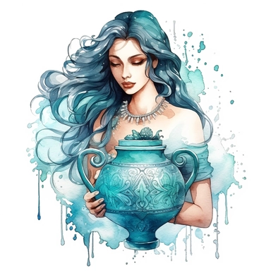 aquarius zodiac sign, holding filigree amphora, symbols, element symbols, goddess women watercolor, boho zodiac sign, clipart, dreamy, epic, powerfull, mystic, white background, detailed, 8k
