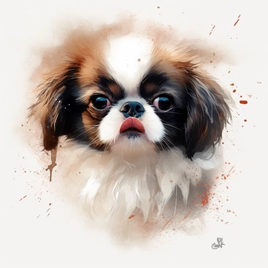 cute Japanese Chin dog portrait, full face, centered shot, side shot, dynamically posed, in action, playful mood, happy mood, playing mood, cute face, adorable smile, childlike eyes, clean watercolor illustration, white background, nursery baby imagery, painting, detailed, 8k, PNG, clipart,