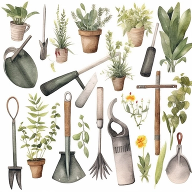 basic watercolor garden tools spaced in minimal hand drawn style, Etsy, textured, clipart, white background