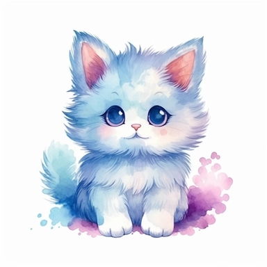 a whimsical cute fluffy baby cat cartoon clipart on white background with margins, watercolor, icon, sticker art