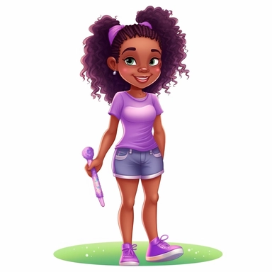 clipart little black girl drawing with curly long ponytails with pink bows long lashes hazel eyes green tank top shirt with baggie blue jeans and white tennis shoes standing in the park holding purple popsicle