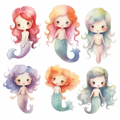 very simple watercolour childrens book style drawing of different isolated happy cute mermaids , pastel colours soft on white background for clipart, 8k