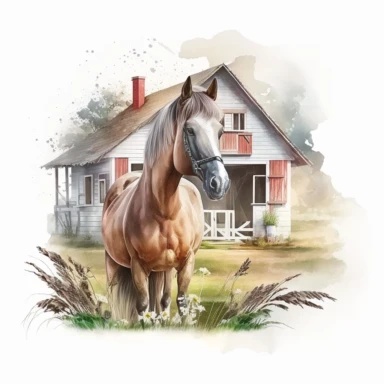 horse stand in the farm house, horse eating grass, watercolor, Western Clipart, Farm Animals, photorealistic. 4k, vector