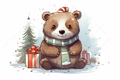Cute Grizzly bear in christmas Day clipart, cartoon, white background,