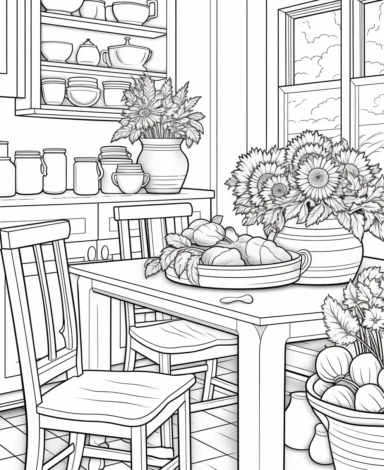 Design a coloring page with a cozy farmhouse kitchen scene. Include a rustic table, chairs, a stove, and kitchen utensils. Add baskets of fresh produce for added detail coloring page with Farming background design as an outline art drawing with thick bold clear lines that are neatly joined up together, outline, clipart, no colors, no shadows, no details, HD