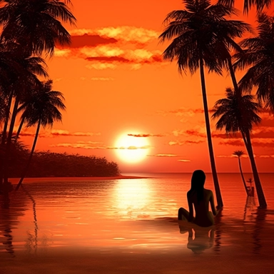 Create clipart of a stunning sunset beach scene in Thailand with a woman enjoying the view Descriptive Keywords: Sunset, beach, palm trees, woman, relaxation, Thai floral elements Style of Photograph: Ultra high definition, vibrant colors, vivid details