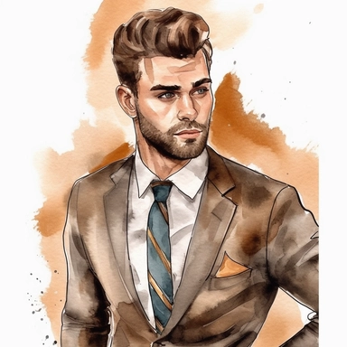 Watercolor Clipart Athletic Man in Suit Businessman Handsome Olive Complexion ar 2:3