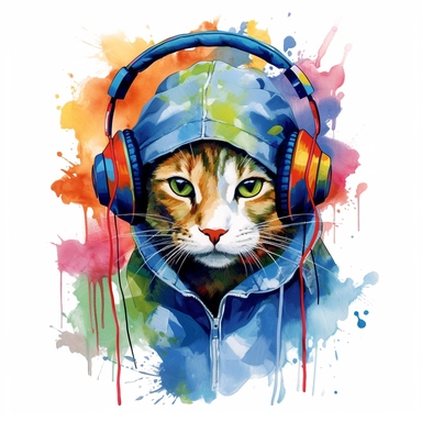 colorful cat art, full body, wearing cap and headphones, clipart, white background
