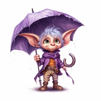 Cute Adorable magical little Elf with big pointed ears holds a umbrella in his hand wears a raincape and stand in the rain on a country road, clipart, photorealistic illustration, watercolor, high detail, 8k polished, 8k, vibrant colors, sticker, majestic, die cut, black and purple color, white background