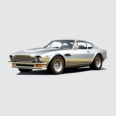 A stylized clipart image of the 1975 Aston Martin V8 Vantage, shown from a 3/4 front perspective. The vehicle is rendered in an elegant silver, showcasing the car's luxurious aesthetics. The artwork emphasizes the car's muscular contours, long bonnet, and the iconic grille against the contrasting white background.