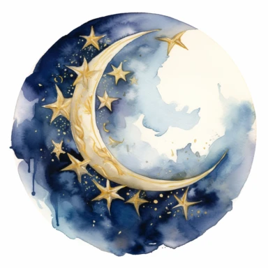 The Mourning Moon: A watercolor clipart of a crescent moon cradling a star, embodying hope in times of sorrow. The moon is a blend of Midnight Blue and Dove White, while the star shines in Soft Gold.