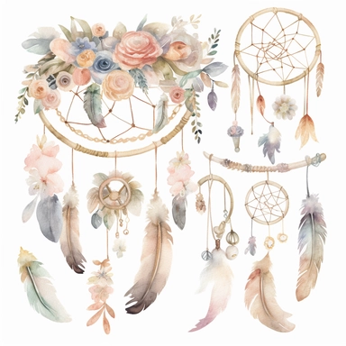 Create a watercolor clipart set of boho-inspired baby items such as dreamcatchers, feather mobiles, and macrame wall hangings. Use soft pastel colors and a white background to make the designs pop, white background