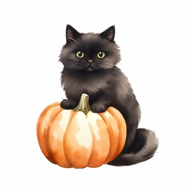 Watercolor clipart cute black cat on pumpking white background