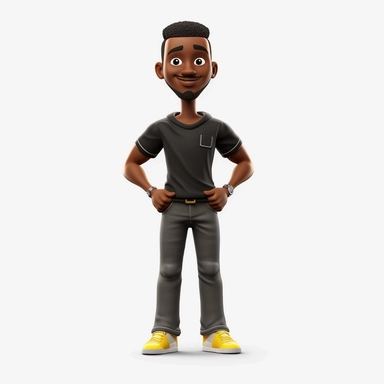 Front view of animated black man standing wearing t-shirt character design, full body, face drawing in top quality, high quality face drawing, clipart, full illustration, 4k, sharp focus, Soft skin, symmetrical, detailed face, concept art, storybook style, chibi kawaii. Octane rendering, 3D, perfect face, detailed face, delicate face, sharp lips. Perfect, detailed eyes