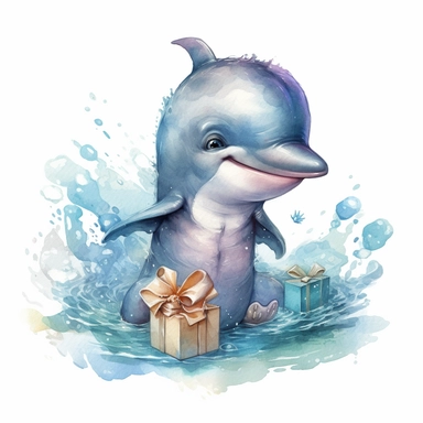 happy cute baby dolphin for kids playing with funny items, cartoon, highly detailed, watercolor, clipart, illustration, digital painting, paper crafting, no signature, no text
