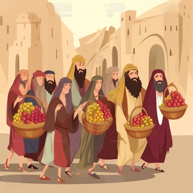 Biblical Jews, men and women from biblical times go to the Temple with straw baskets filled with figs, grapes, barley, pomegranates and dates, pixar style, clipart, detailed