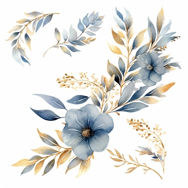 watercolor dusty blue and gold floral leaves clipart for wedding invitation card, hd, detailed, pastel color, clean line, on white background, spaced out