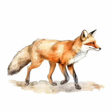 watercolor walking happy fox clipart, side view, cartoon style, simple style, white background