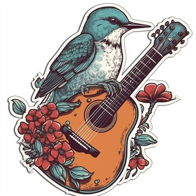 sticker cutout, vector, white background, Use hand-drawn illustrations, aqua, red, Bohemian, swallow bird, acoustic guitar, dandelion, clipart