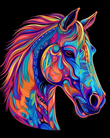 horse, neon colors, ultra detailed, clipart design graphic, vector, contour, 32k, black background,