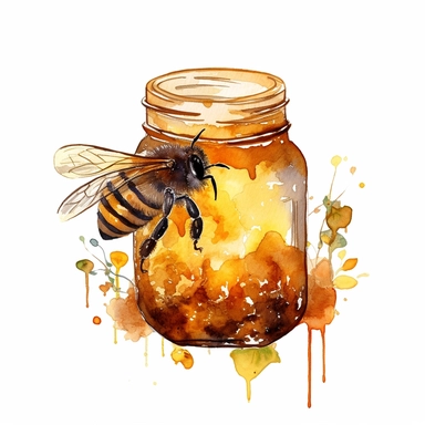 watercolor bumble bee on a jar of honey clipart
