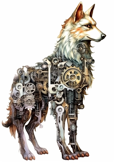 Steampunk Gray wolf clipart, realistic, Watercolor Retro Futuristic Victorian Era, art picture, full body, watercolor, multicolor, white background, lots of details, high quality - 8K,